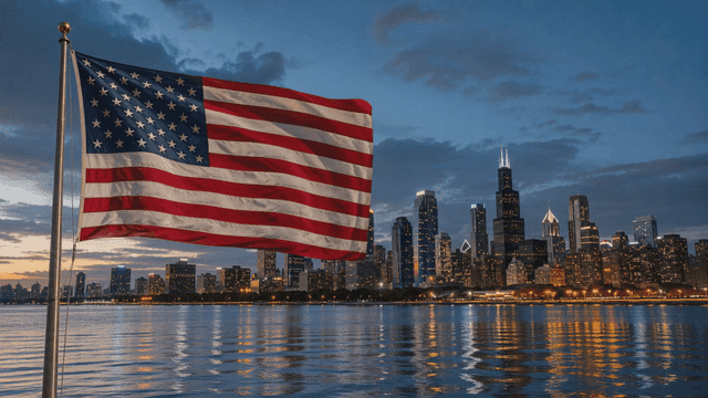 American flag fluttering against city night view