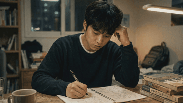 Young man studying at desk in cozy room