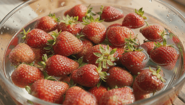 Fresh strawberries soaking in a bowl