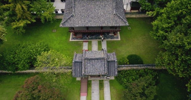 Traditional Korean architecture surrounded by greenery