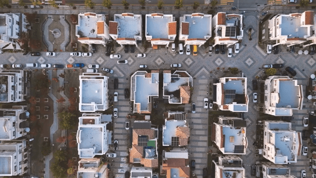 Aerial view of a modern urban neighborhood