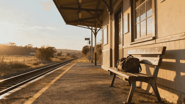 Double bag on a bench in an empty train station at sunrise