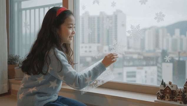 창가에서 눈송이를 붙이며 웃는 어린 소녀