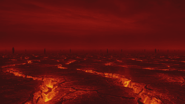 Vast, burning landscape beneath red sky