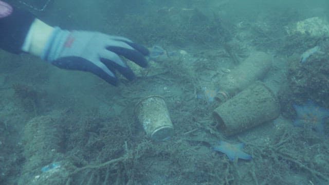 Divers collecting trash discarded in the sea