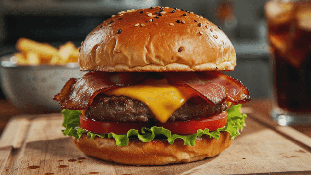 Delicious burger with bacon and cheese.