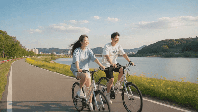 Young couple cycling along riverside path