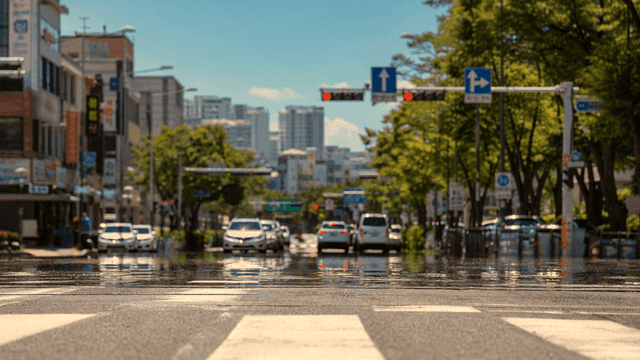 Bustling summer city road with cars and buildings