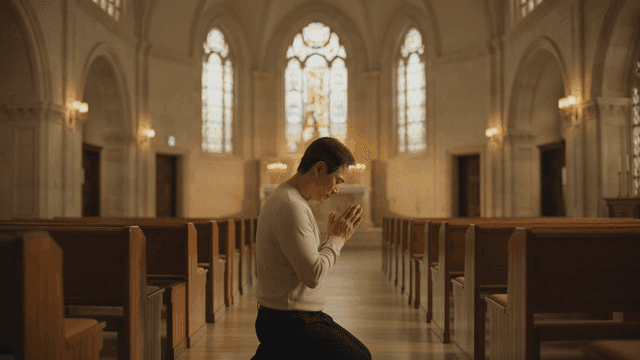 Man praying in quiet cathedral