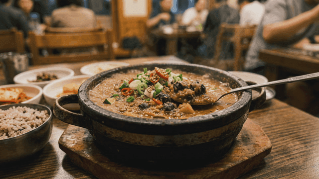 Soybean paste stew and side dishes on table