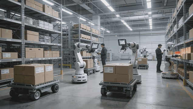 창고에서 상자를 정리하는 로봇들