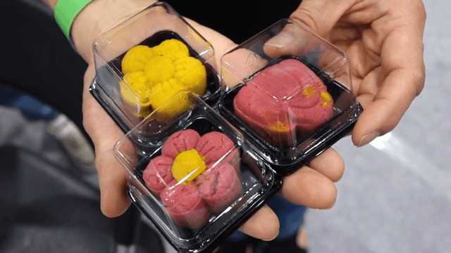 손에 든 형형색색의 꽃 모양 디저트