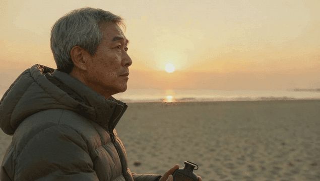 해변에서 보온병을 들고 있는 노인