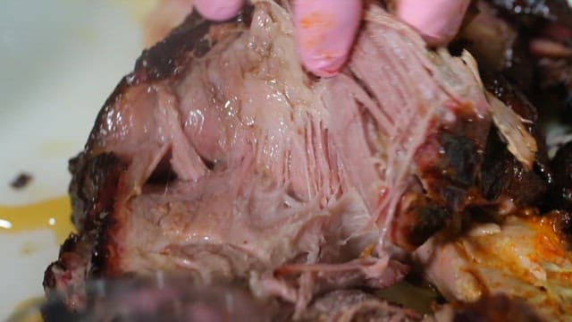 Hand tearing juicy pulled pork