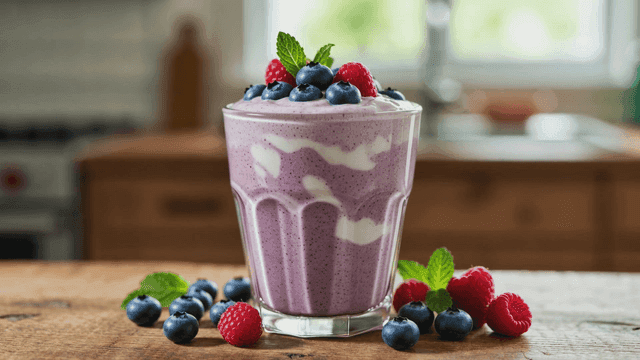 Glass of berry smoothie topped with fresh fruit