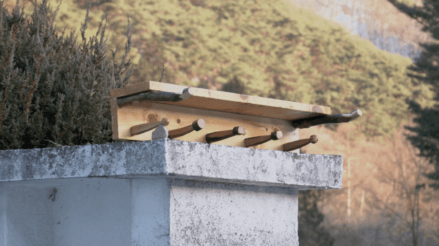 자연 속 돌기둥 위의 나무 거치대