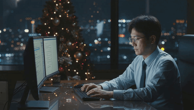 사무실에서 밤늦게 일하는 남자