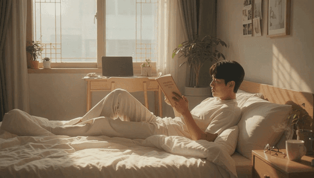 햇살이 비치는 방에서 책을 읽는 남자