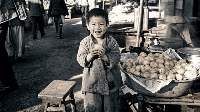 Smiling child holding boiled potato in market in 70s