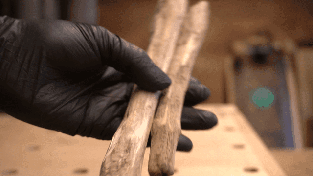 나무 막대를 잡고 있는 장갑 낀 손