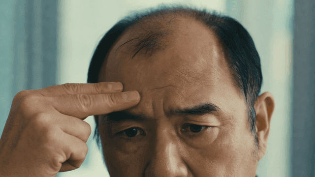 Man touching crown of his head, where his hair has thinned due to hair loss.
