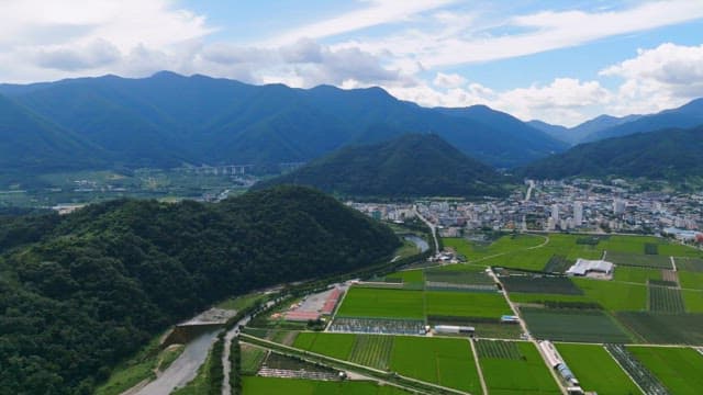 Aerial view of green fields and mountains