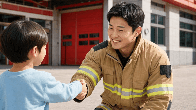 Firefighter shaking hands with a child