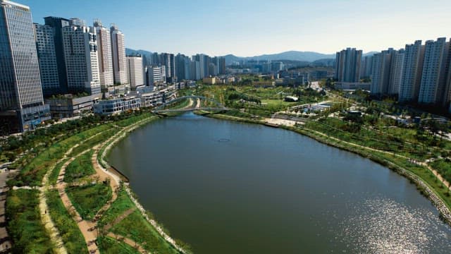 아파트와 호수공원이 보이는 신도시 풍경