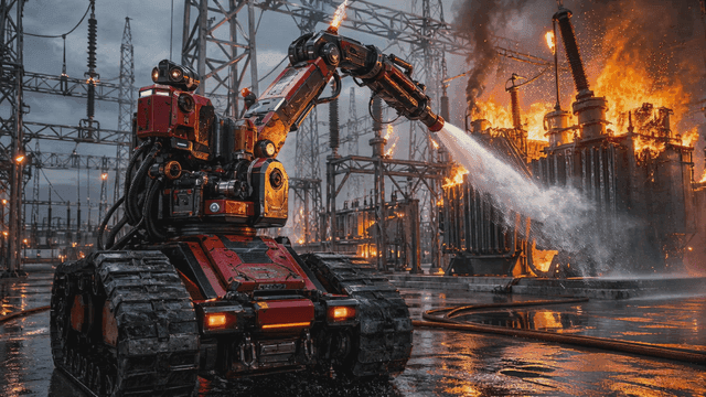 A firefighting robot extinguishing a blaze