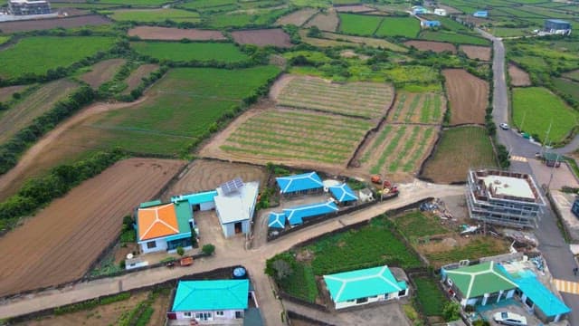 몇몇 농가와 푸른 농지가 보이는 농촌 풍경