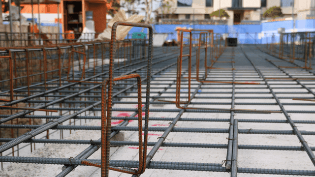 Construction site with steel rebar framework