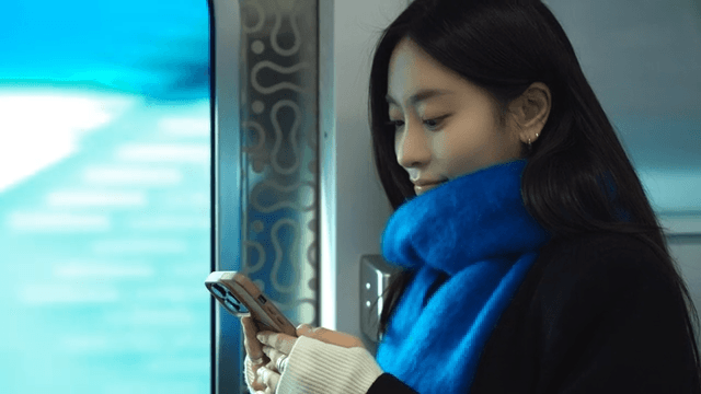 Woman using her cell phone by the train window