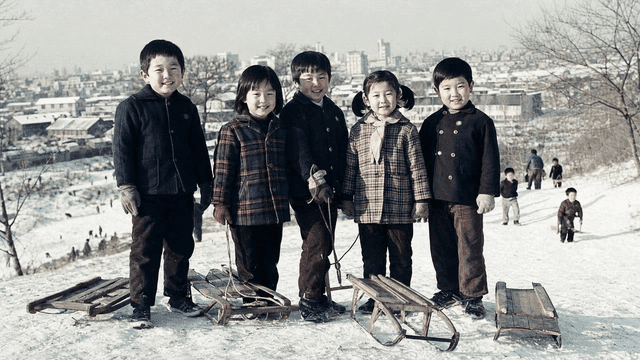 Children smiling brightly while holding handmade wooden sleds on winter hill in 1970s