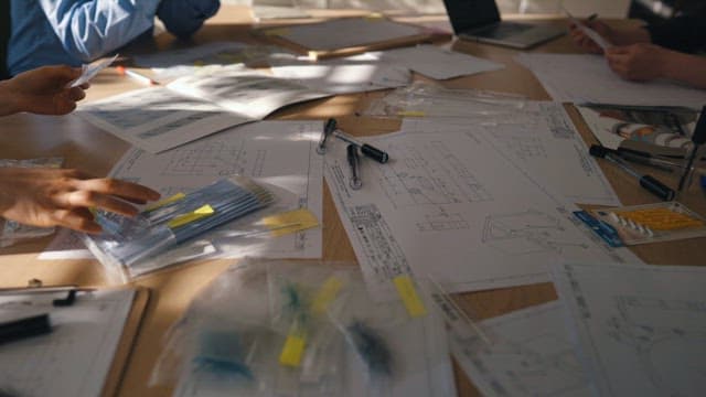 엔지니어가 설계 도면 작업을 협업하는 모습