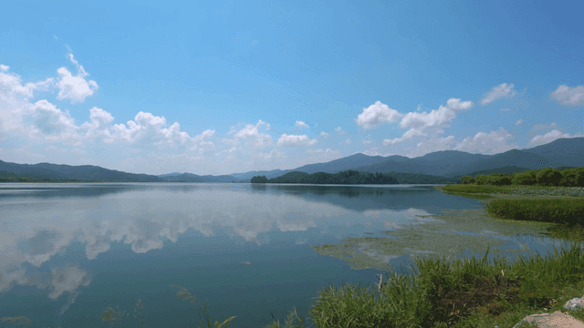 Tranquil lake with mountains in background