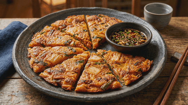 Kimchi pancake with dipping sauce