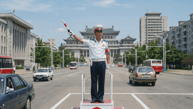 North Korean traffic police directing vehicles on road