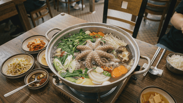 Octopus hot pot boiling on gas burner