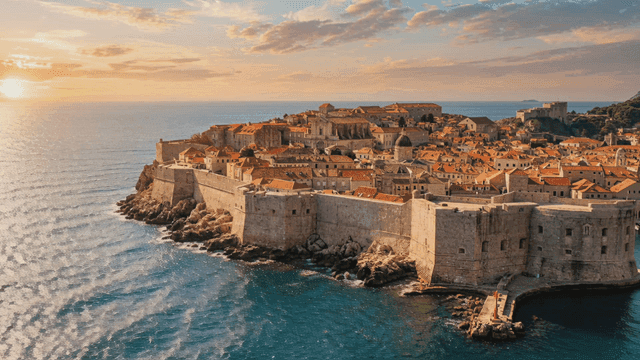 Historic coastal city at sunset