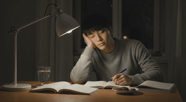 책상에서 공부하다 조는 남성