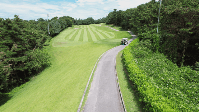Golf cart on a lush green golf course