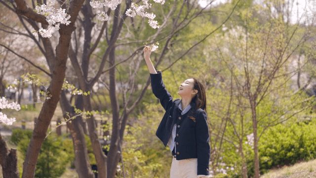 Woman enjoying cherry blossoms in spring