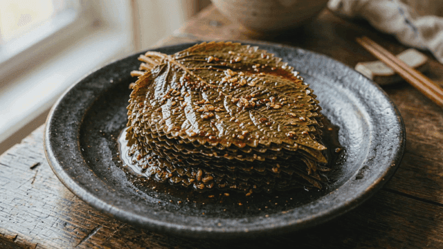 A plate of marinated perilla leaves