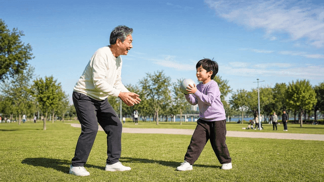Grandfather and child playing with a ball in a park