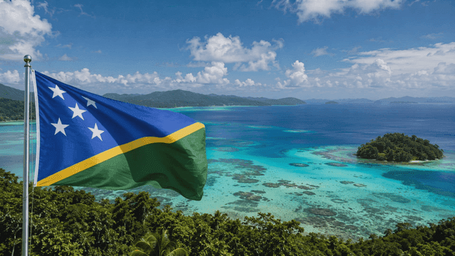 Solomon Islands flag fluttering over tropical island