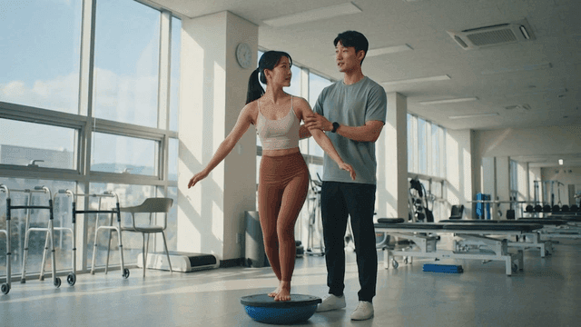 Woman balancing with help of trainer