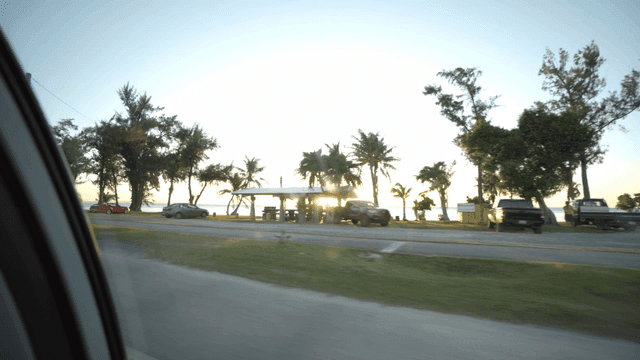 Driving on a coastal road with palm trees at sunset