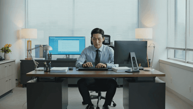 Office worker concentrating on computer work in downtown building