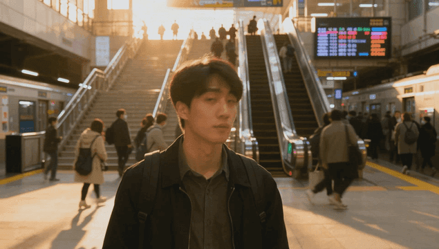Man looking around in a subway station with evening sunlight