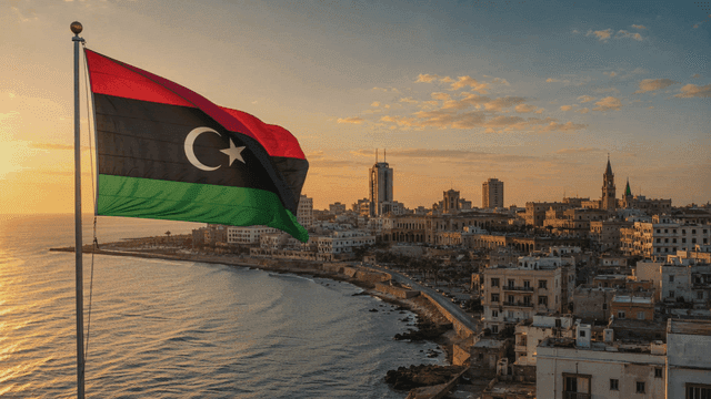 City skyline with Libyan flag at sunset